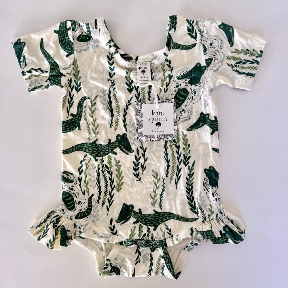kate quinn White and Dark Green Alligator Print Ruffle One-Piece Bodysuit